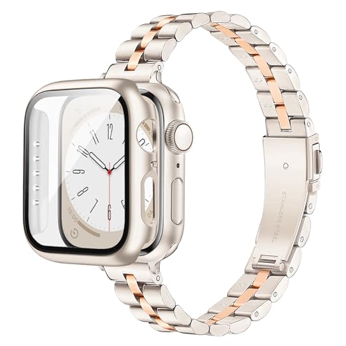 Calina Stainless Steel Band and Case fits Apple Watch Band Series SE 6 5 4 40mm, Thin Bracelet for Apple Watch Strap and Screen Cover, iWatch Band for Apple Watch Bands for Women-Starlight&RoseGold