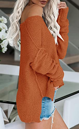 Image of Women's Off Shoulder Knit Sweaters Oversized V Neck Long Sleeve Loose Lightweight Pullover Tops