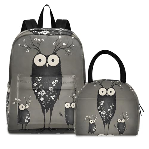 Abstract Anime Owl Print Backpack Set with Lunch Bag, Large Capacity Travel Backpacks and Lunch Box Insulated for Commute Hiking Picnic