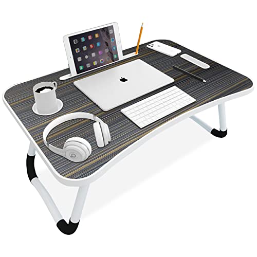 Blisswood Laptop Bed Table, Foldable Lap Desk For Bed and Sofa Breakfast Bed Tray, Portable Lap Table Laptop Desk With Handle & Cup Holder, Notebook Stand For Reading Writing Working, Grey 60x40x28cm