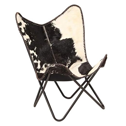 Home Decor Genuine Goat Leather Butterfly Arm Chair with Black/Brown White Hair on Cover (Black and White with Black Frame)