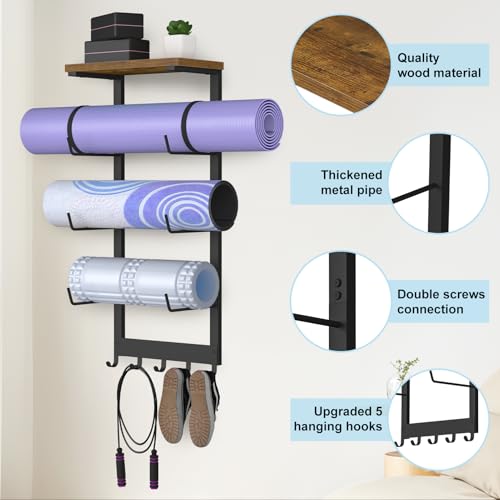 BSTSLL Yoga Mat Holder Wall Mount, Yoga Mats Storage Rack, Home Gym Wall Organizer Holder with Wood Floating Shelf and 5 Hooks, Storage Rack for Hanging Foam Roller/Band/Workout Equipment, Black - Thumbnail 4