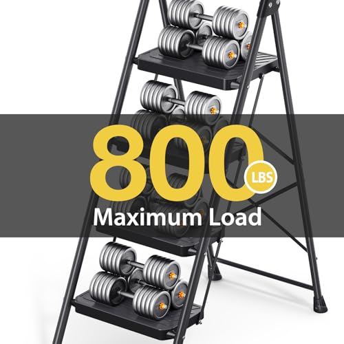 KINGRACK 4 Step Ladder, Sturdy Steel Step Stool with Anti-Slip Wide Pedals, Handrail, Safe-Lock Design, Pass 800lbs Load Testing, Folding Portable Ladder for Multi-Purpose, Home, Kitchen, Black by KINGRACK - Image 4