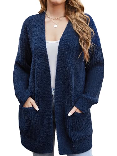 Snuggle Sac Cardigan Sweaters for Women with Pocket Trendy Casual Long Sleeve Tops Open Front Fall Winter Coats (Small, Navy Blue)