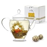 Teavivre Princess Flowering Teapot Gift Set - 15 oz Borosilicate Glass Teapot, 2 Handmade Blooming Flower Tea Balls