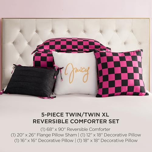 Image of Juicy Couture Reversible Checkerboard Comforter Set 5-Piece Twin /Twin XL Set, Black /Hot Pink