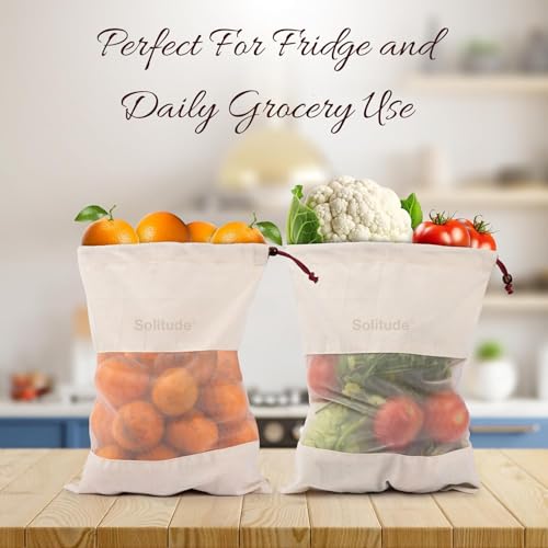 Image of Solitude Set of 9 Cotton Vegetable Bags for Fridge Storage, Reusable Washable Muslin Cloth Produce Bags with Drawstring, Eco Friendly Kitchen Storage Bags for Fruits and Vegetables