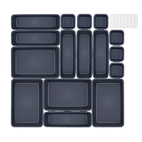 NINGESHOP 16 Pezzi Organizer Cassetti Divisori Contenitori in Plastica Impilabili per Cassetti Scrivania,Cucina,Bagno portaoggetti,Trucco,Separatori per Cassetti Armadio,Vassoio Portaposate Scatole