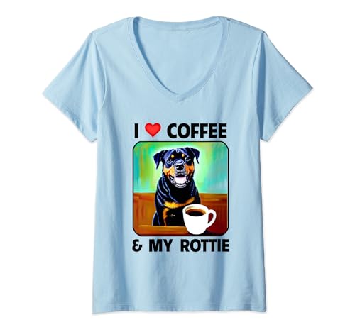 Mujer I Love Coffee and My Rottie Mom Dad Dueño de perro Rottweiler Camiseta Cuello V