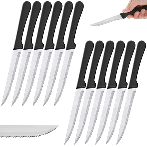 Renimove Cuchillos carne mesa premium de Acero Inoxidable 22 cm hoja de 12 cm resistentes a la corrosión ergonómicos y aptos para Lavavajillas cuchillo carne sierra chuletero (12 uds)