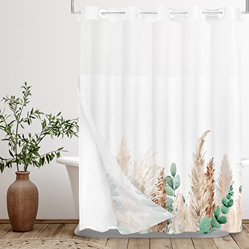 Tititex SNAPFLORAL-PAMPAS No Hooks Snap In Liner Dried Brown Pampas Grass Boho Leaves Shower Curtain Sets cover