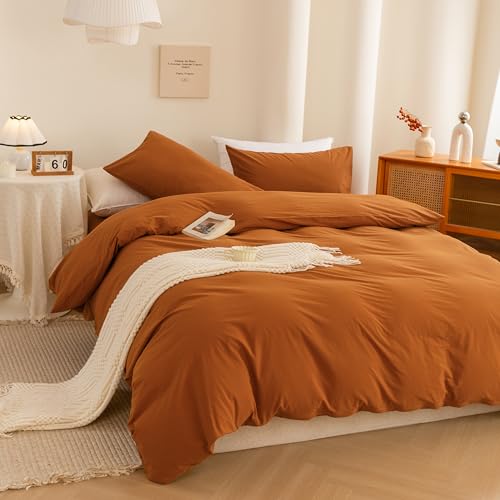 Image of ECOCOTT Orange Duvet Cover King Size, 3 Piece 100% Washed Cotton 1 Duvet Cover with Zipper and 2 Pillowcases, Ultra Soft and Easy Care Breathable Cozy Bedding Set (Orange,King)