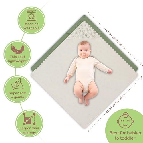 Image of 100% Organic Cotton Muslin Baby Hooded Towel, 32 x 32 in, Deep Green & Floral, 2 Pack, Soft Absorbent 4-Layer Hooded Bath Towel for Newborns & Toddlers, Oeko-TEX