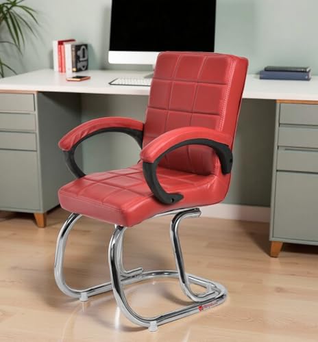 Image of GOYALSON Modern Mesh Guest Chair with Armrests Comfortable Reception Visitor Seating for Office or Home (1, Red, Double Pipe Chrome Steel Frame)