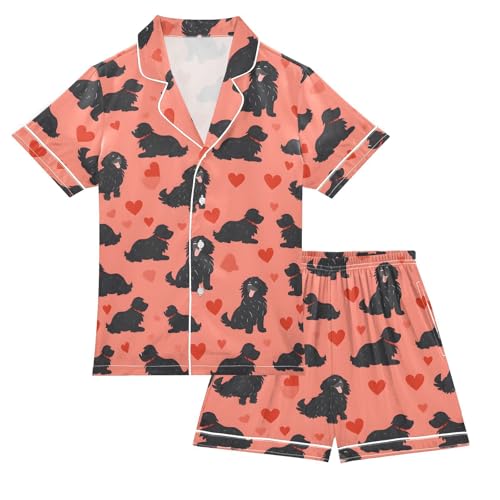 ALAZA Black Dog Puppy Heart Satin Pajamas Set Short Sleeve Button Down Sleepwear Summer Pjs 2 Piece