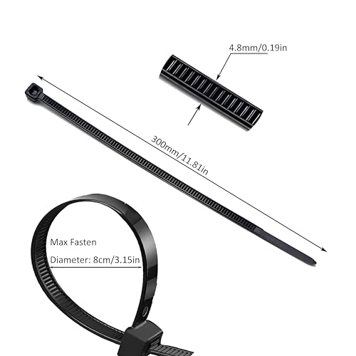 ULWSY Cable Ties, 250 Pack 300mm x 4.8mm 12 Inch Black Self Locking Nylon Zip Cable Wrap Ties - Image 2
