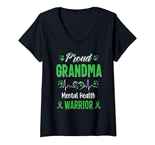 Donna orgogliosa nonna Mental health warrior awareness ribbon Gree Maglietta con Collo a V