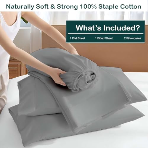 Image of NON Sticky cotton Premium 4 Piece Egyptian Cotton Fitted Queen Sheet Set, Hotel Quality Soft Breathable Bedding Sheets, 12 inch Deep Pocket, 60 inch X 80 inch, Light Grey Solid