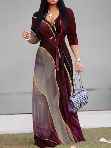 Image of Plus Size Dresses for Women Print Maxi Dresses 3 /4 Sleeve with Belt