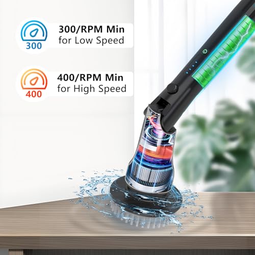 Image of Hillyfe Black Electric Spin Scrubber, Cordless Shower Scrubber with Long Handle, Power Tub & Floor Scrubber, Shower Cleaner Brush for Bathroom, Grout and Tile, 7 Heads, IPX7 Waterproof