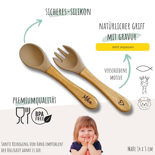 C|UTE – Kindergeschirr personalisiert mit Namen | Schüssel mit Saugnapf & Kinderbesteck (Esslernlöffel, Gabel) graviert | BPA-frei | Geschenk Babygeschirr ab 12 Monate (Taupe, Set ohne Lätzchen)