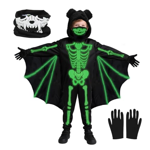 Meleager Costume Chauve Souris Enfant, Deguisement Halloween Squelette Lumineux Garcon Fille avec Masque et Gants, Combinaison de Chauveouris pour Halloween, Carnaval, Cosplay Fête (120cm)