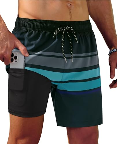 Image of Gleeease 7inch Mens Swim Trunks 2 in 1 with Compression Liner Pockets Drawstring Quick Dry Stretch Lined Funny Beach Pool