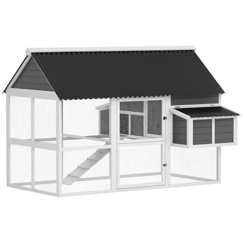 PawHut Chicken Coop with Run, Large Wooden Chicken House with 2 Nesting Boxes, 2 Roosting Bars, Ramp & Tray, Hen House Poultry Cage for 6-8 Chickens, 69' W x 84' x 59'
