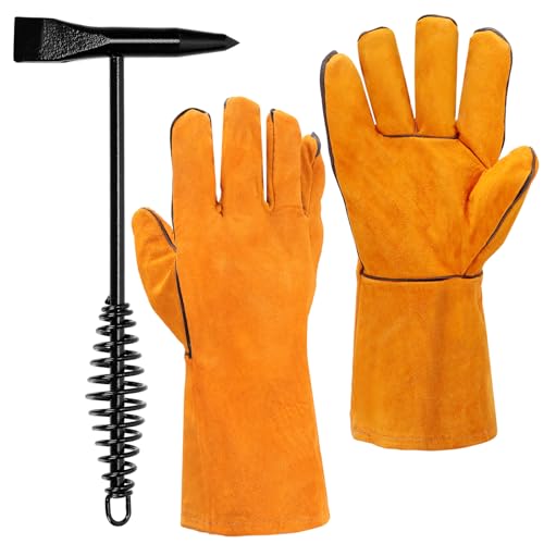 Swpeet 2Pcs 10 Welding Chipping Hammer and 11.2 Welding Gloves, Welding Slag Hammer with Coil Spring Handle, Slag Removal Tool for Cleaning Removing Slag Welding Residue