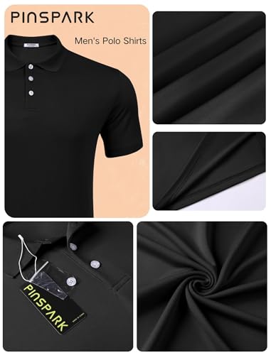 PINSPARK Męska koszulka polo, z krótkim rękawem, sportowa, oddychająca, do gry w golfa, lekka, letnia koszulka polo, krój slim fit, czarny, M