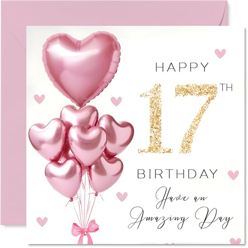 17th Birthday Cards for Girls Pink Glitter Balloons