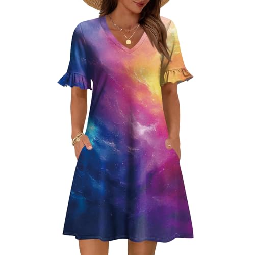 Womens Loose V Neck A Line Dress Printed Short Sleeve Dresses with Pockets 2026 Summer Fashion Casual Sundress