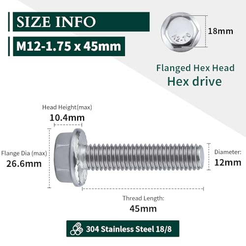Image of M12-1.75 x 45mm Hex Flange Bolt (1.77 inch Thread Length), DIN6921, Serrated Locking Flange, 304 Stainless Steel, UNC Full Thread, 6-Pack