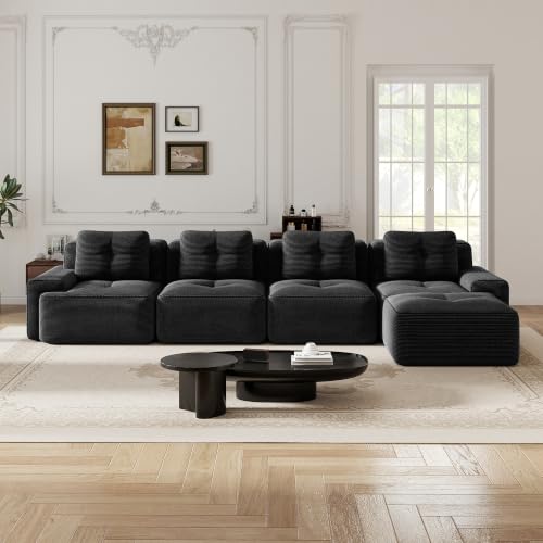 Image of 153 inch L-Shaped 4-Seater Modular Boneless Couch with Ottoman, Soft Corduroy Cloud sectional Sofa, Oversized Deep Seat, No Assembly Anti-Slip Stable Sofa, Black