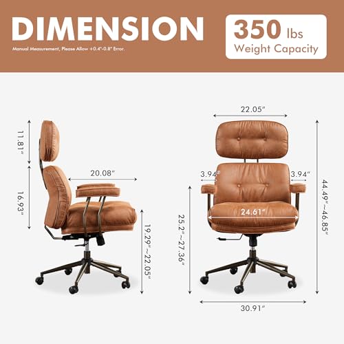 Image of Brown Leather Home Office Chair, Ergonomic High Back Executive Chair with Deep Seat Thick Cushion, Mid Century Modern Big and Tall Computer Desk Chair with Lumbar Support (Light Brown Suede)