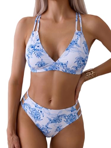 Image of Fanuerg Women's Sexy V Neck Bikini Sets Hollow Out Two Piece Swimsuits Cutout Mid Waist Bathing Suit