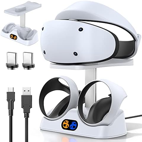 Ladestation für PS VR2 Controller, PSVR2 Ladestation mit Headset Ständer, Schnellladestation für PS VR2-Controller mit LED Licht für PSVR2 Zubehör, magnetischer Anschluss &Typ C Kabel Cover