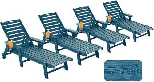 Image of Patio Chaise Lounge Chair Set of 4, Oversize Lounge Chairs with Wood Texture& Rolling Wheels, HDPE 6-Position Plastic Lounge Chairs for Poolside, Patio, Deck, Beach,Navy Blue