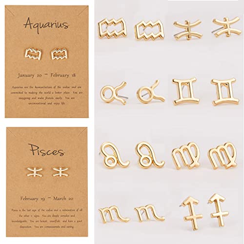 18K Gold Plated Twelve Constellations Stud Earrings with Card Horoscope Zodiac Eardrop Card Packaging Lightweight Tiny Astrology Ear Stud for Women Girls Teens Birthday Friendship Delicate Jewelry4