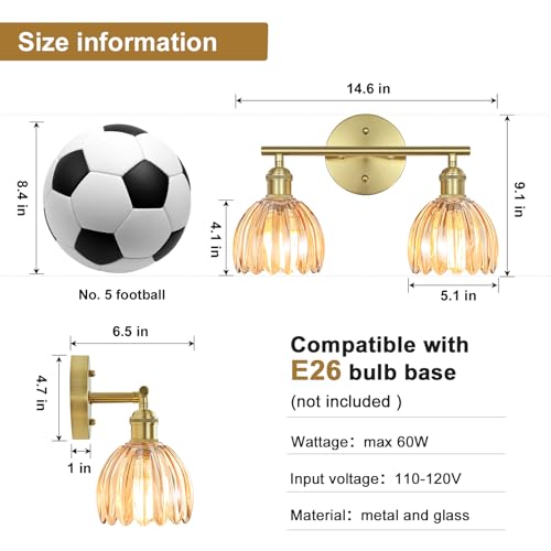 Image of Vintage Bathroom Light fixtures, Gold Vanity Lights, ETL Certified | 14.57 in, Amber Tulip Glass Shade, Hardwired Bathroom Vanity Light, E26 Socket, Bulbs Not Included