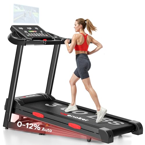 Treadmill with Incline for Home, WENOKER 12% Auto Incline Treadmill with Handrail 300 lbs Capacity, 3.0HP Quiet Walking Pad Tread mill with App, Portable Folding Tread mill with Heart Rate & Wide Belt