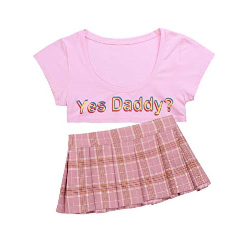 iEFiEL Damen Sexy Minirock mit BHS Set Yes Daddy Babydoll Nachtwäsche Crop Tops Cosplay Schulmädchen Kostüm Dessous Rosa One Size