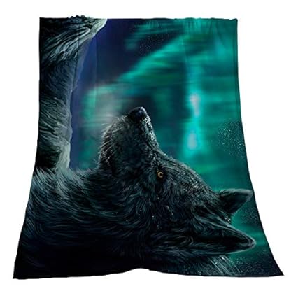 FANSU Kuscheldecke Flanell Decke, 3D Drucken Microfaser Flauschig Weich Warm Plüsch Wohndecke Fleece Tagesdecke Decke für Sofa und Bett (Grüner Wolf,75x95cm)