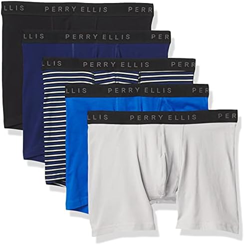 Perry Ellis mens Perry Ellis Men's Cotton Stretch Boxer Briefs, Tagless, No Roll Waistband, 5 Pack Base Layer Underwear, Blue Depths/High Rise/Daphne/Black Rise Stripe/Black, Medium US