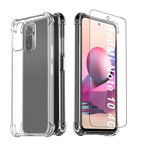Kokio Funda para Xiaomi Redmi Note 10 4G/Redmi Note 10S 6.43" Transparente+ 1 Pack Cristal Templado, Carcasa Protectora Antigolpes Transparente Suave TPU con Cojín Esquina Parachoques Cover