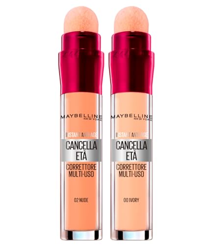 Maybelline New York Corrector Líquido Age Eraser con Bayas de Goji y Haloxyl Colores 00 Ivory y 02 Nude - 2 Correctores