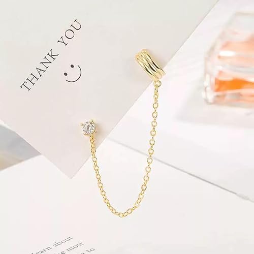 Elegant 14k Gold and Silver Ear Cuff with Dainty Chain Drop and Crystal Stud for Women – Trendy Cartilage Earrings for Double Holes and Gifts - Image 6