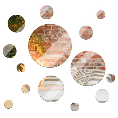 Jetec Real Glass Round Mirror Tiles Frameless Wall Glass Mirror Tiles Round Wall-Mount Mirrors with Acrylic Double Sided Adhesive for Bedroom Bathroom Craft(15 Pcs, 2/3/4/6/8/10 Inch)