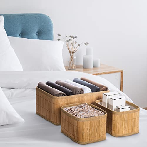 Sorbus Bamboo Storage Baskets - Set Of 3 - Organizer Bins For Closet, Open Shelves, Bedroom - Fluted Design - Fabric Lining - Generous Depth & Large Size #TOP4