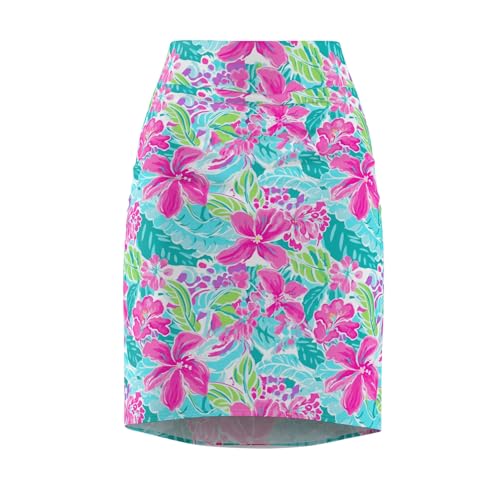 Women's Floral Pencil Skirt, Vibrant Mid Waist Stretch Skirt for Summer, Vacation, Beach Parties, and Brunch Outfits